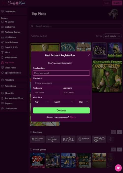 New player account creation Candyland Casino